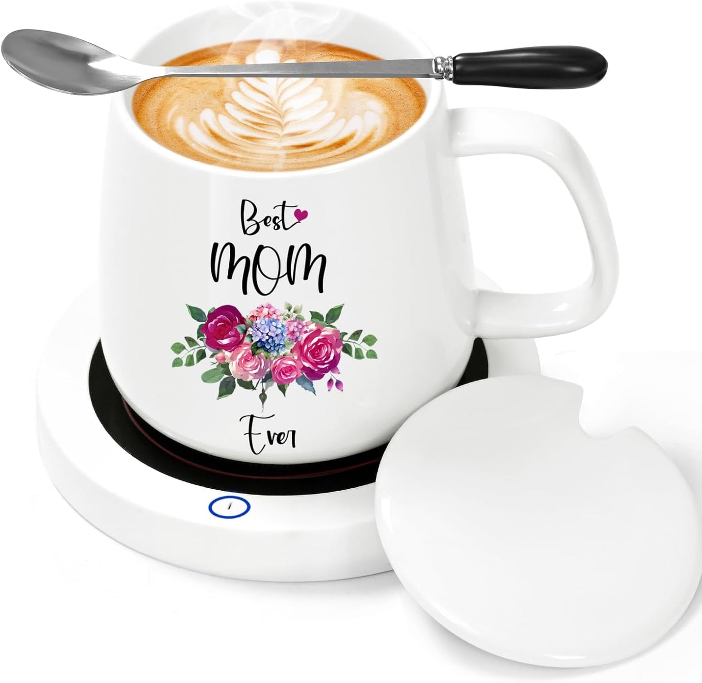 Coffee Mug Warmer, Best Mom Ever Mug, Coffee Cup Warmer for Desk, Gifts for Women, White Heated Coffee Warmer for Mom Home Office Christmas Birthday Gifts