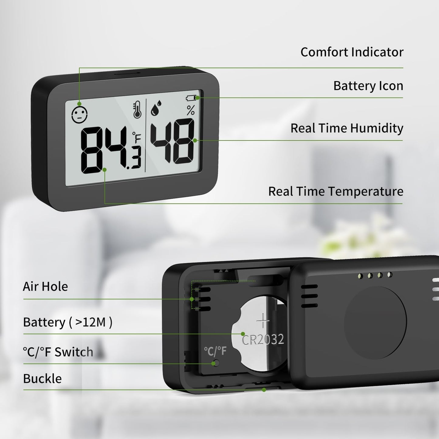 DOOMAY Mini Hygrometer Indoor Thermometer, Digital Humidity Gauge with Celsius Fahrenheit Switch Button,Humidity Meter Temperature Monitor for Babyroom Cellar Reptile Incubator Closet,2-Pack,Black