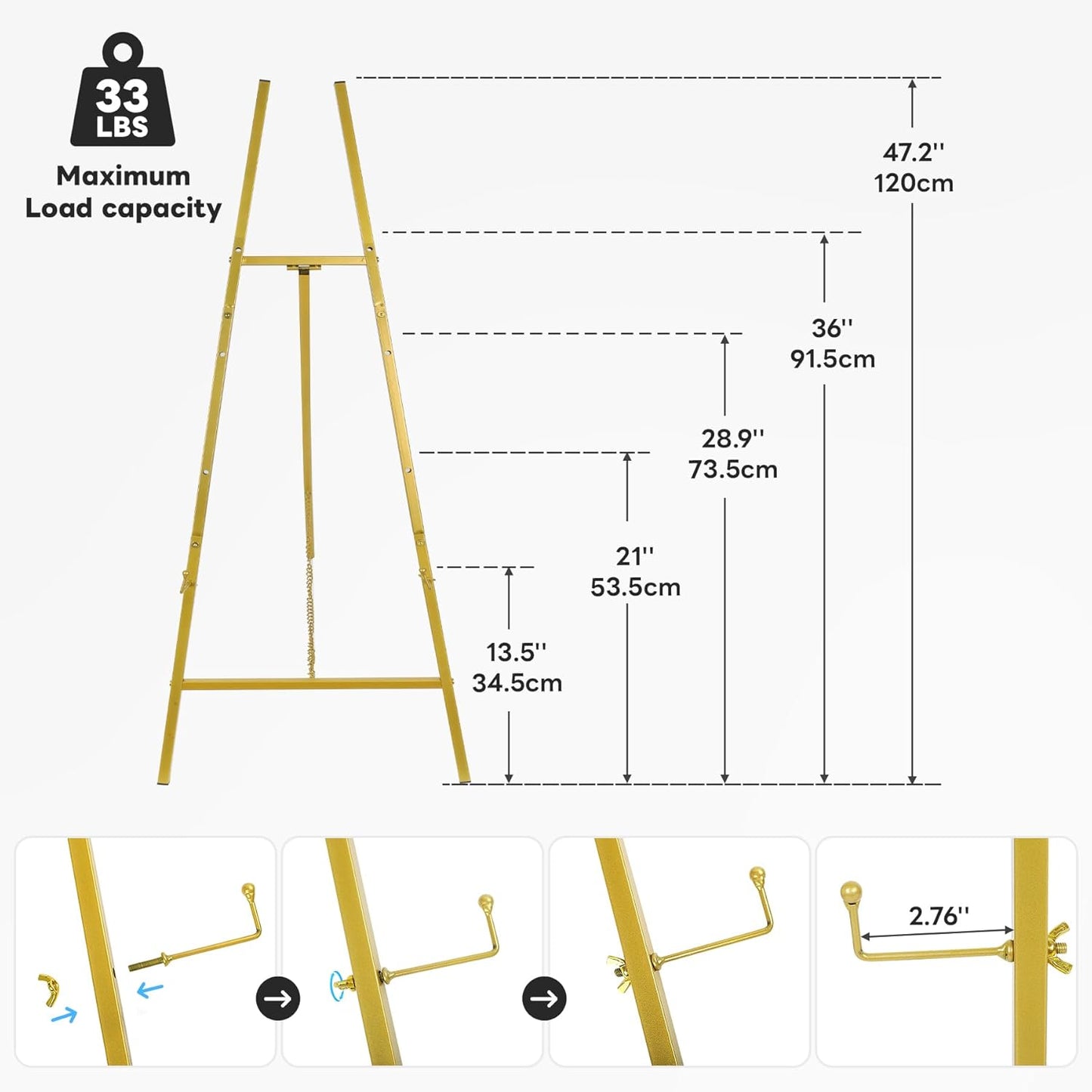 Gold Easel Stand for Sign, Adjustable Metal Display Easel 4-Tier Height Large Artist Display Easels for Painting Wedding, Baby Shower, Birthday Party and Commercial Display