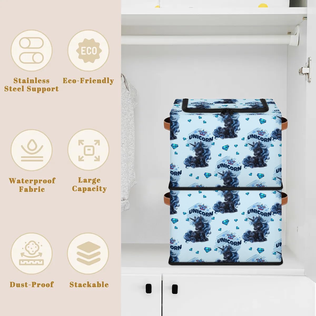 Unicorns Storage Bins with Lids, Collapsible Cube Storage Basket with Leather Handle, Foldable Fabric Storage Box with Lids for Organizing Home Bedroom Closet Office