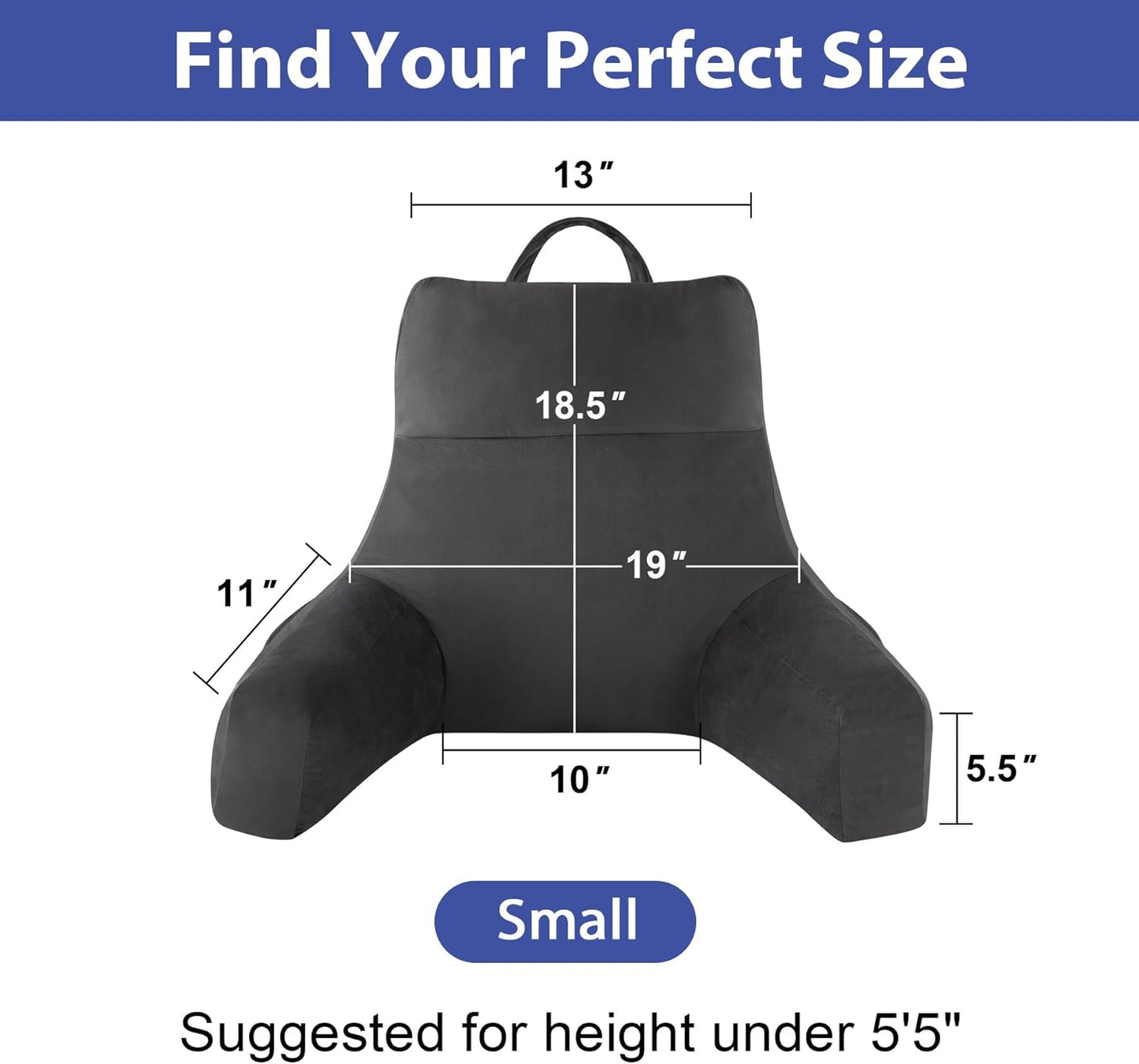 Back Pillow for Bed Sitting up, Reading Pillow for Sitting in Bed Adult, Back Support Pillow, Memory Foam Sit up Lounge Backrest Pillow with Arms for TV, Couch, Chair, Dorm, 18 Inch, Grey