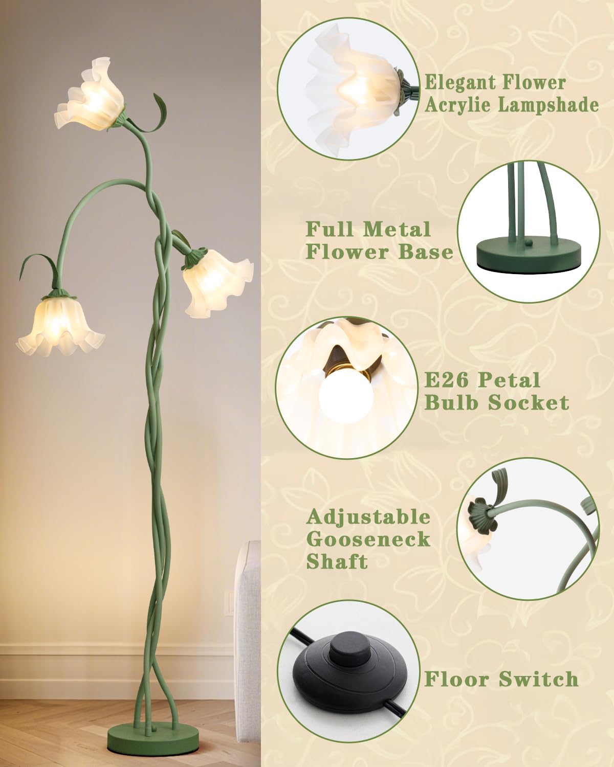 Flower Standing Lamp for Living Room, LED Floor Lamp with Flexible Neck,3 Color Temperatures Adjustable Vintage Tall Lamp for Home Living Room Corner (Green)