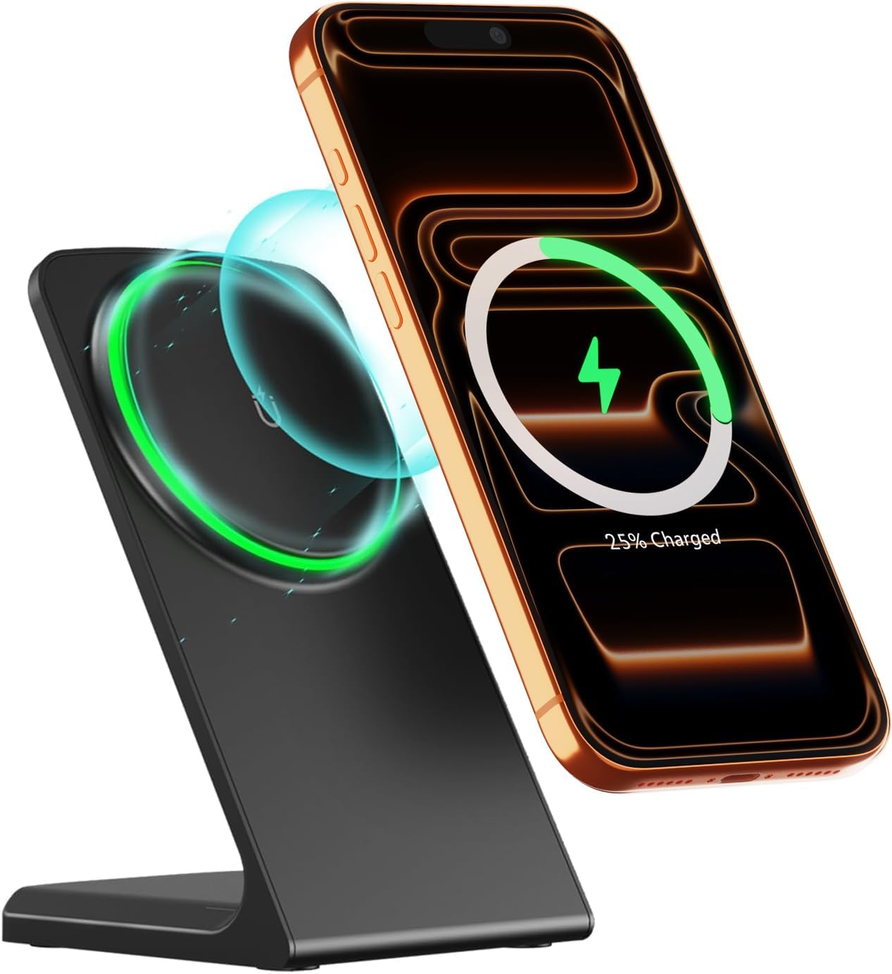 Universal MagSafe Charger Stand, Magnetic Wireless Charger for iPhone 17-12 Samsung Galaxy S26-S21 Google Pixel 10-6, with C to C Cable and Sleep-Friendly LED Indicator Ring (Onyx Black, No Adapter)