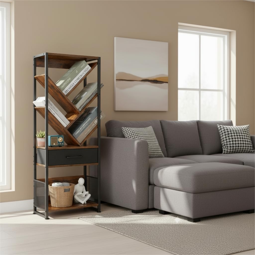 Bookshelf with Drawer,8 Tier Tree Bookcase Retro Floor Standing Bookshelves,Tall Wood Bookcases with Cabinet Storage Organizer for Living Room, Bedroom & Home Office, Classic