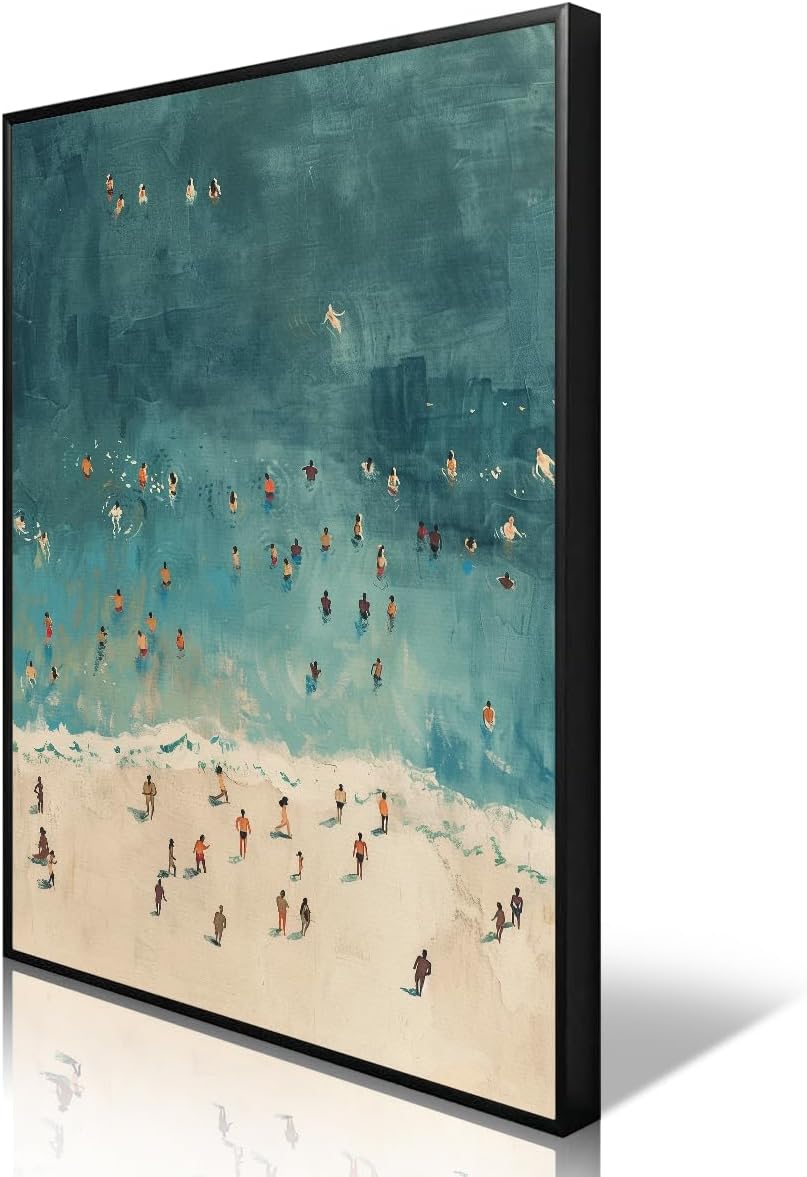 OAOPIC Summer Beach Canvas Wall Art, Green Coastal Tiny People Swimming Aesthetic Poster, Endless Summer Ocean Beachy Fun Print Painting, Ocean Swim Seascape Wall Decor for Bedroom 12x16in Unframed