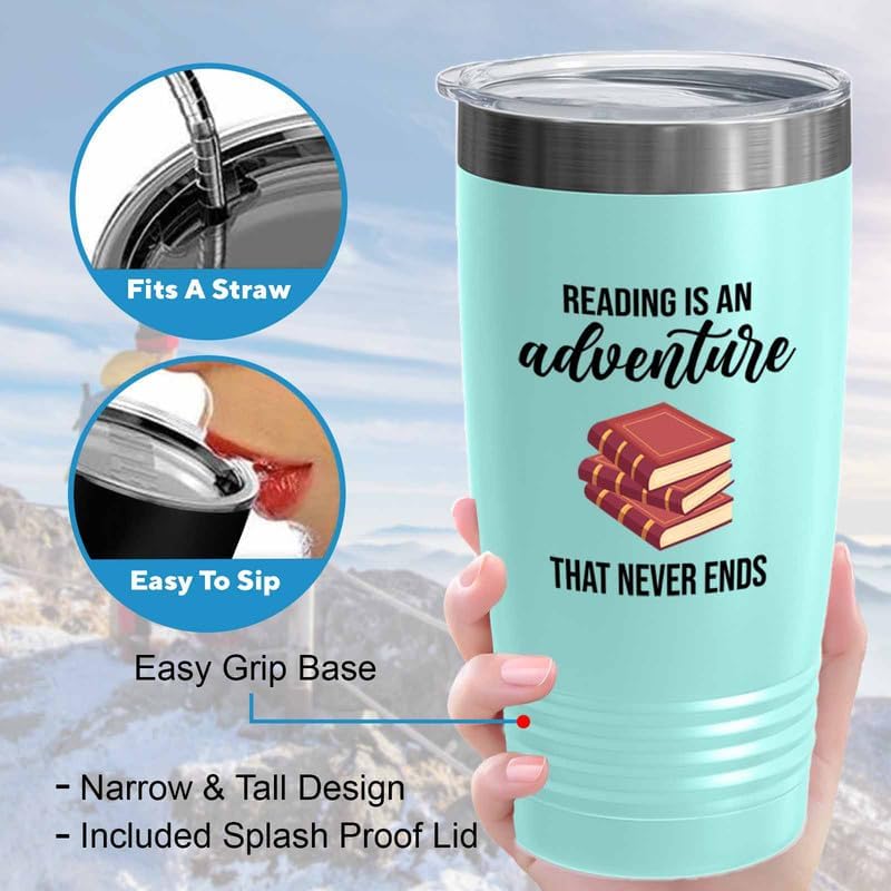 Bookish Tumbler 20oz Teal -Reading is an adventure - Novel enthusiast Book Club Librarian Book Lover Writer Reader Bibliophile