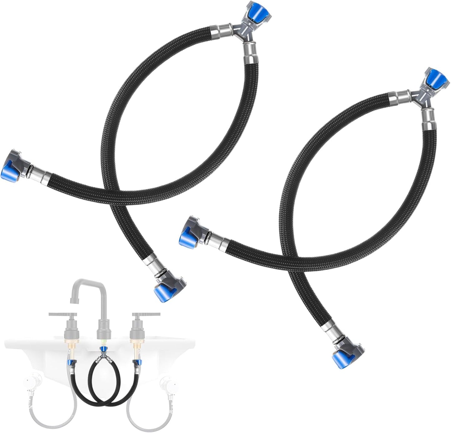 2 Pcs 12 Inch Quick Connect Water Hose Faucet Supply Lines Hot & Cold Water Mixer Line Replacement V-shape Widespread Bathroom Sink Faucet Y Hose with Snap-in Fast Lock Pipe(Black Blue)