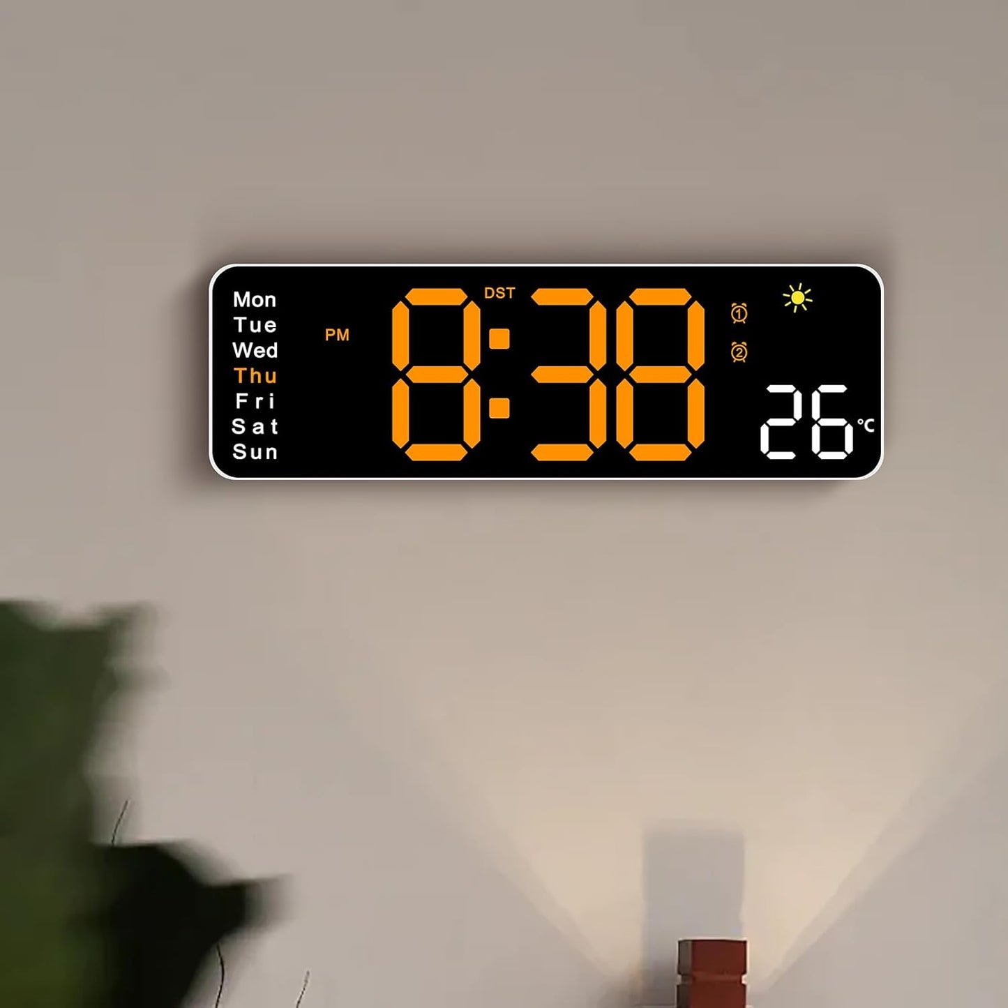 Large LED Digital Wall Clock with Alarm Timer - Auto Dimming Clock with Temperature, Weather and Calendar, Remote Control, Classroom Décor, for Bedroom, Office, Living Room (Orange)