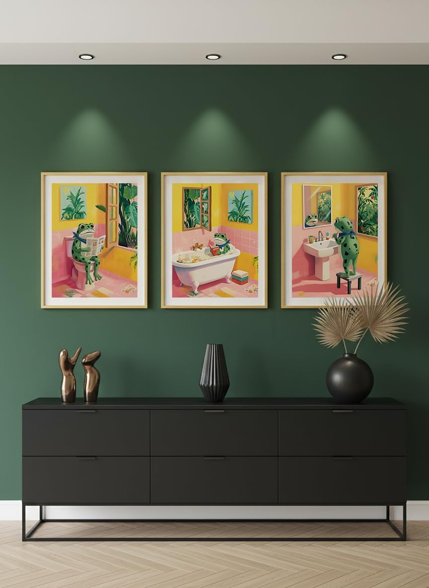 3 Piece Funny Frog Bathroom Wall Art, Unframed Whimsical Pink & Yellow Canvas Prints, Cute Animal Core Morning Routine Decor for Kids & Guest Restroom - Reading, Brushing Teeth, Bathing Scenes