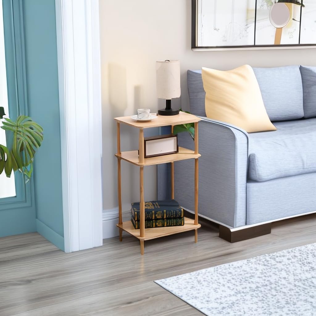 3 Tier End Table Night Stand, Solid Wood Edge Table Narrow Side Table Bookcase Bookshelf Simple Bedside Table Storage Rack for Bedroom Living Room Bathroom,Natural Wood End Table with Storage Shelves