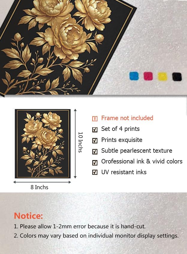 heshengzaixian Vintage Gold Line Art Peony Prints, Luxury Black and Gold Floral Wall Art Poster,Elegant Flower Botanical Decor Picture for Living Room Office Bedroom, Set of 1 8x10In Unframed
