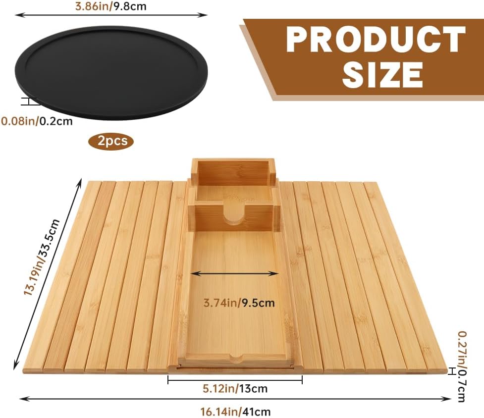 Bamboo Couch Armrest Table, Anti Falling Sofa Arm Tray with Removable Couch Cup Holder for Drink & Snack, Foldable Tray with Coasters for Couch, Recliner, or Loveseat