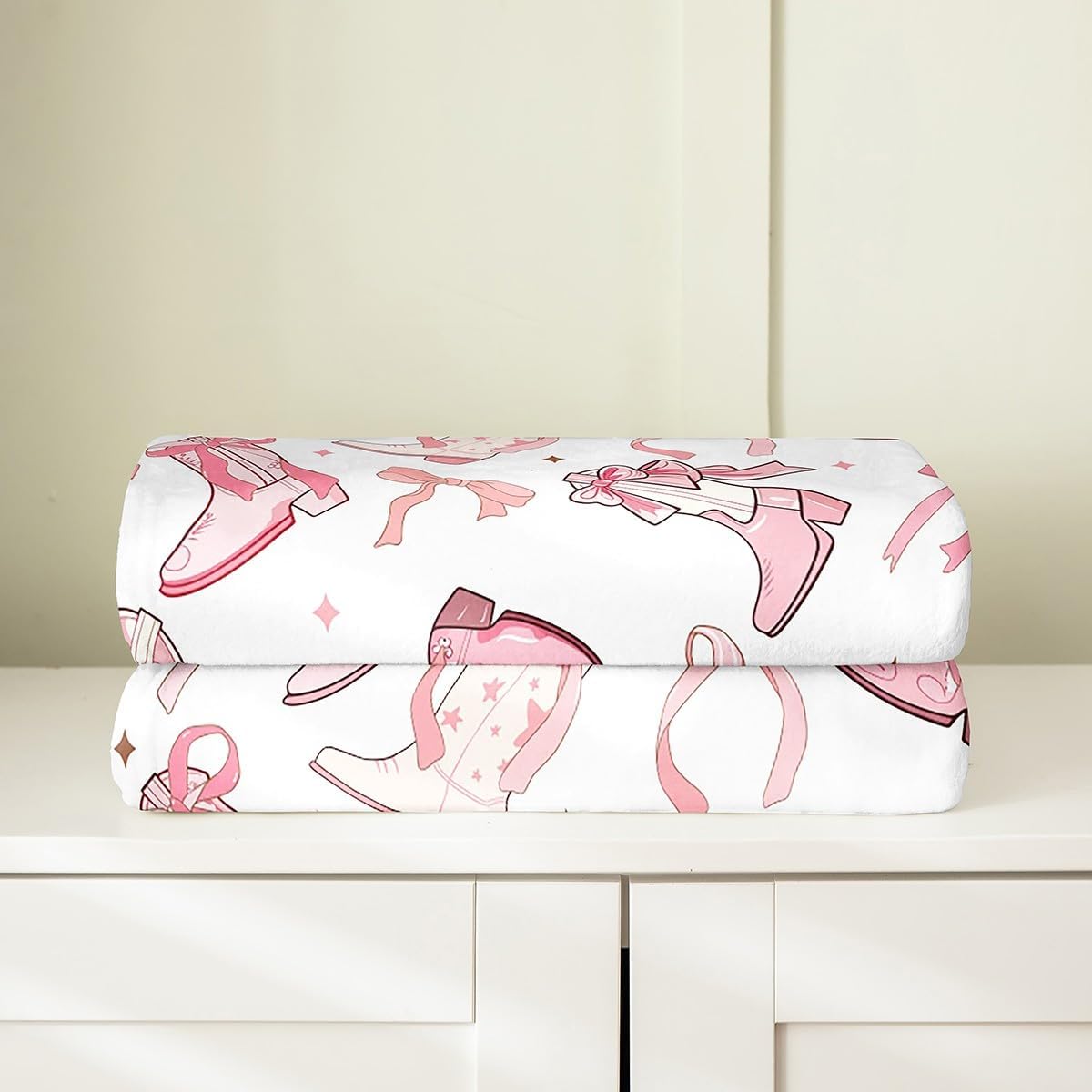 Cowgirl Bed Blanket,Western Cowboy Boots Pink Bowknots Flannel Blanket for Room Decor,Dreamy Fairy Tale Princess Starry Pink White Fleece Blanket for Kids,Super Soft Blanket,Throw 50"x60"