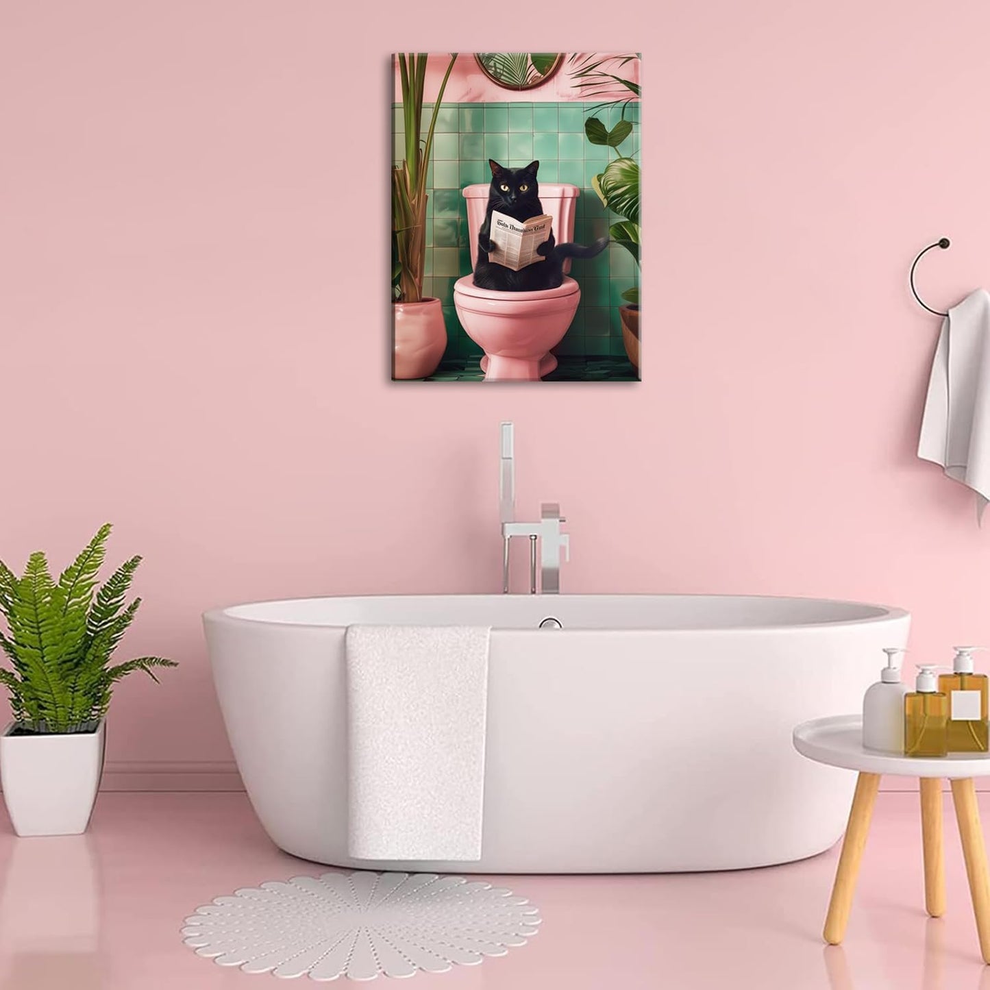 Funny Cat Bathroom Wall Art, Cute Black Cat Wall Decor Paintings, Whimsical Animal Reading Newspaper on The Toilet Poster Canvas Prints Aesthetic Picture 12x16 inch Framed