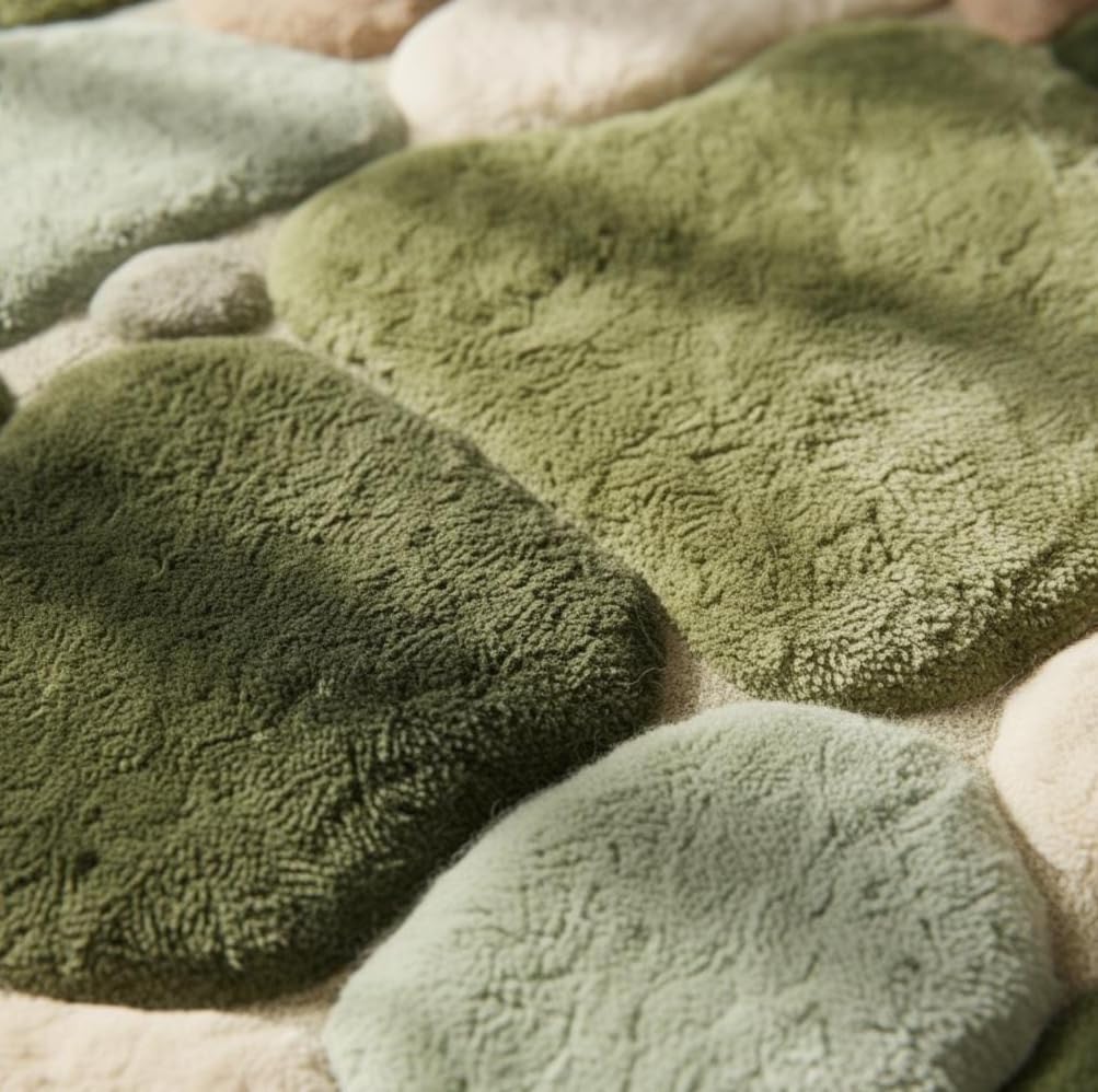 3D Pebble Stone Area Rug, Green Beige and Blush, Fluffy Tufted, Irregular Shape, Living Room Decor (Green with Olive Green, 10' x 14' Feet)