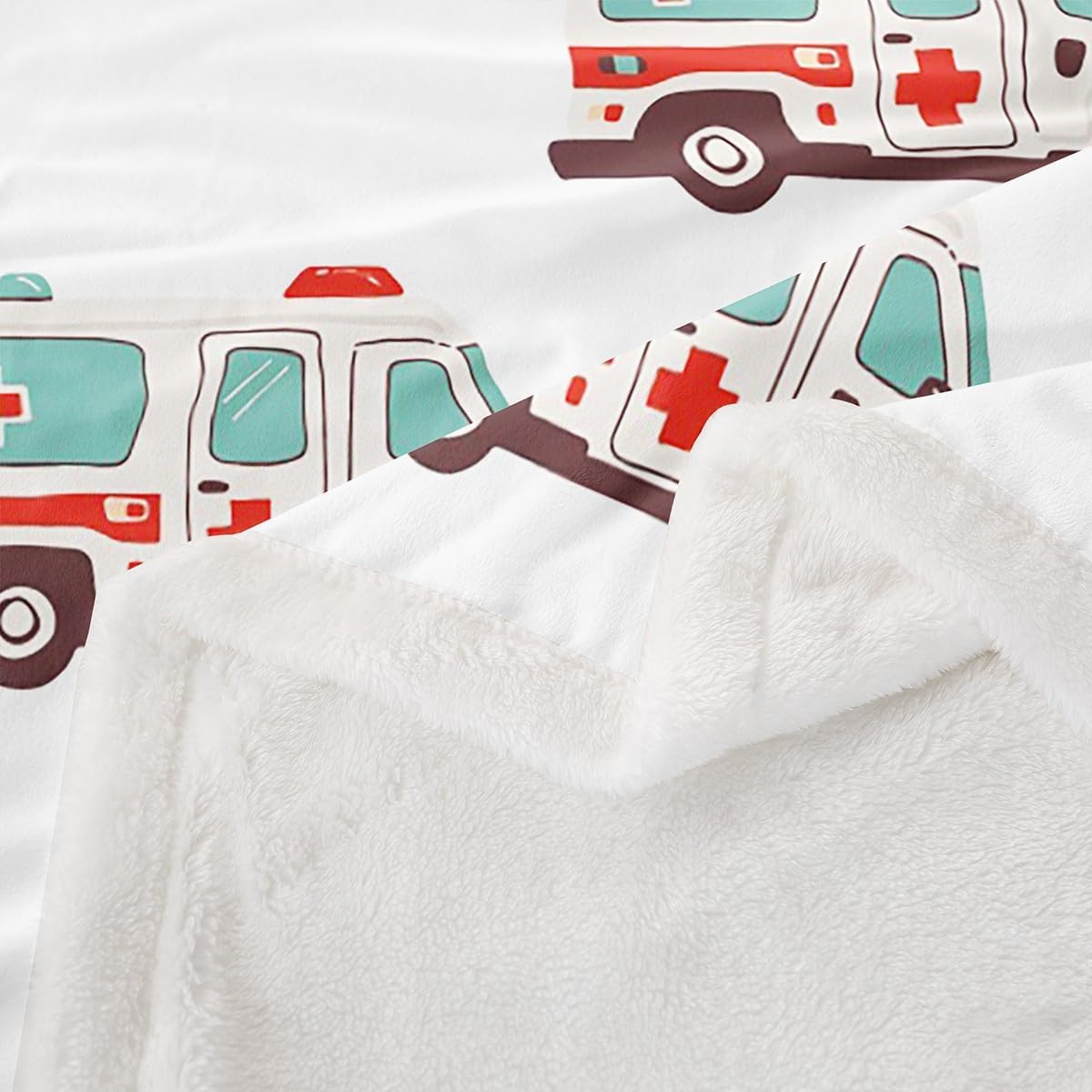 Feelyou Cartoon Ambulance Sherpa Blanket Car Fleece Throw Blanket Decor Car Plush Blanket Microfiber Emergency Responder Vehicles White Red Fuzzy Blanket Bedroom 40"x50"