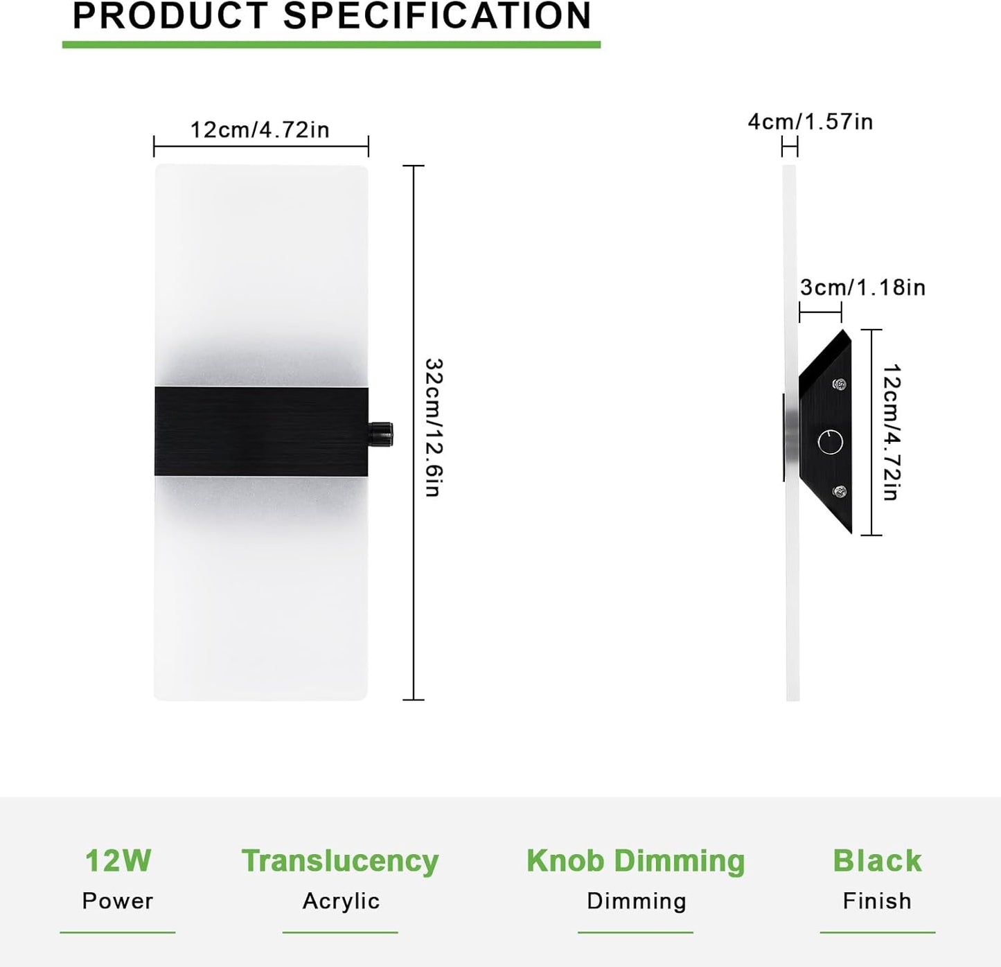 Lightess Indoor Wall Sconce with Switch 12W LED Modern Wall Light, Acrylic Dimmable Wall Lamp, Black Wall Mounted Lighting Fixture for Bedroom Living Room Hallway, Warm White, 1 Pack