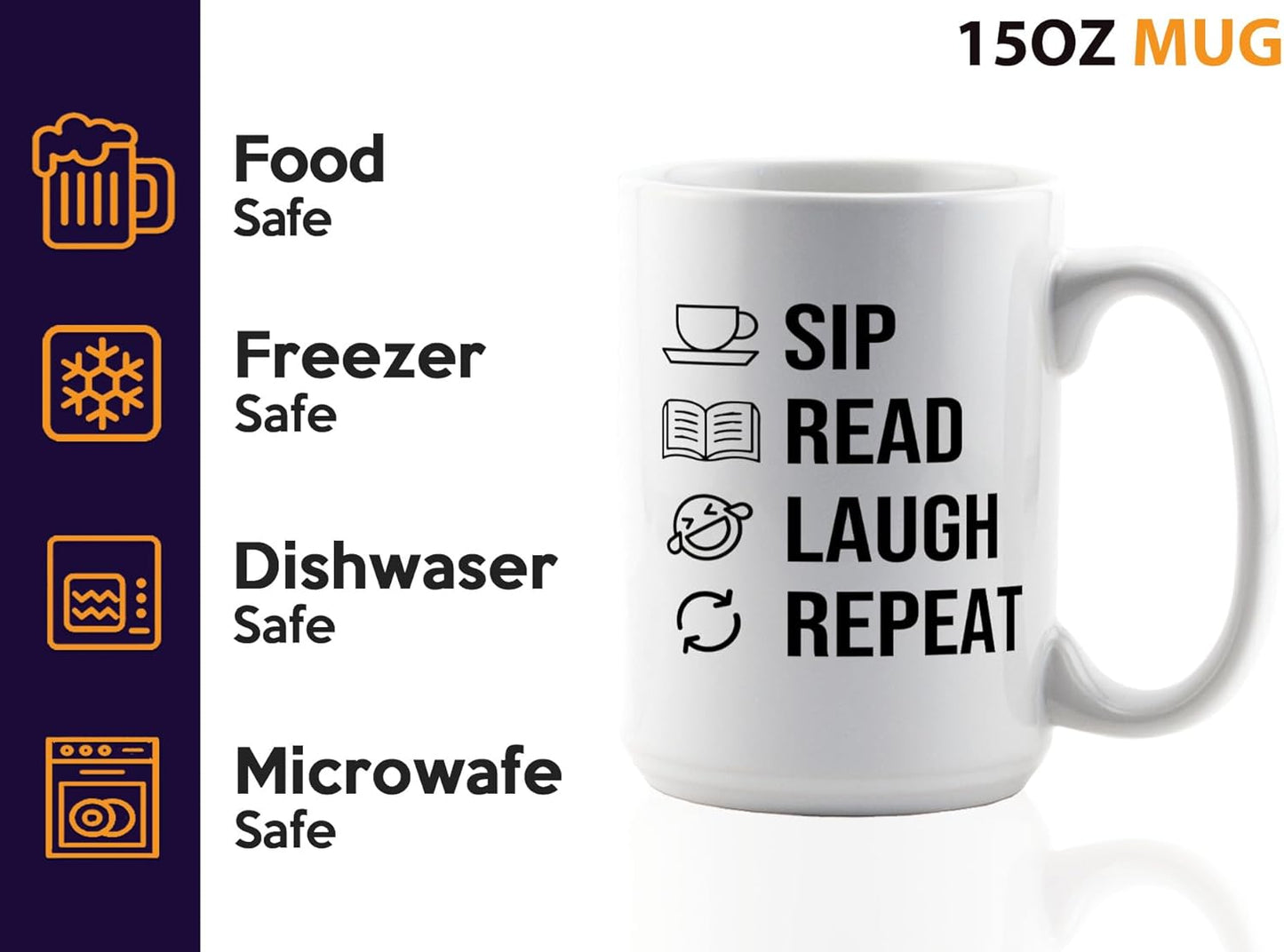 Book Lover Coffee Mug 15oz White -SIP Read Laugh - Bookworm Literature Library Book Lover Reader Booked Editor Intellectual Studious