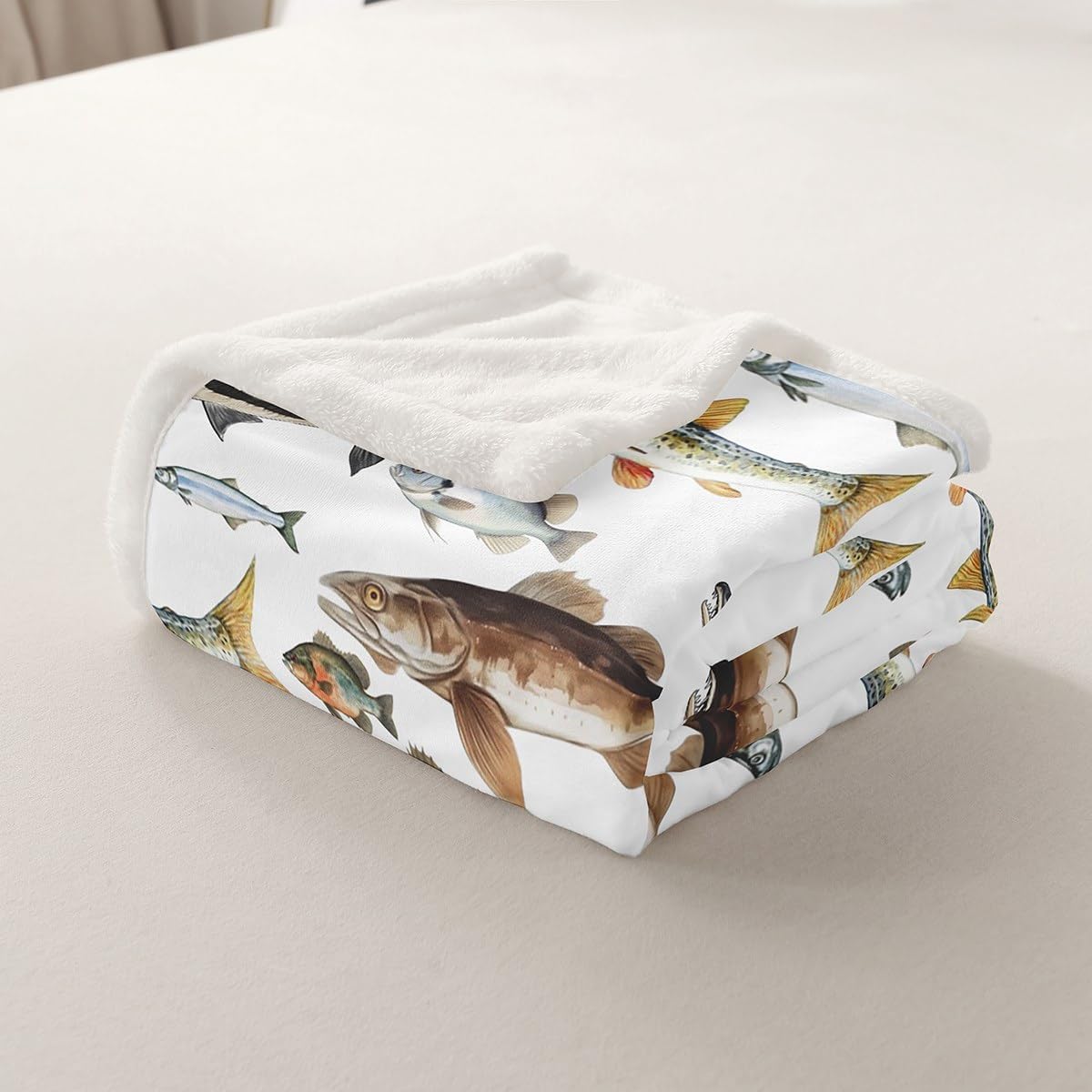 Erosebridal Fishing Fleece Blanket,Freshwater Fish Throw Blanket Twin 60x80 Inch for Bedroom Living Rooms Sofa Couch,Marine Life Fuzzy Blanket,Watercolor Wildlife Sherpa Blanket