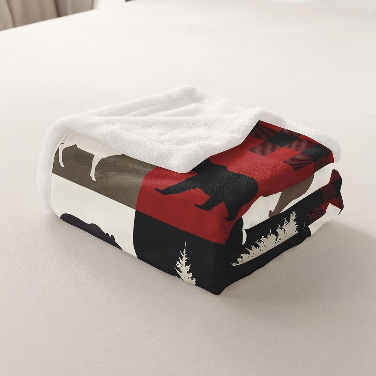 Feelyou Rustic Sherpa Throw Blanket for Couch Cabin Lodge Bear Deer Super Soft Cozy Fleece Western Country Blanket Plush Throw Farmhouse Moose Baby 30"x40" Red Brown Buffalo Check All Season