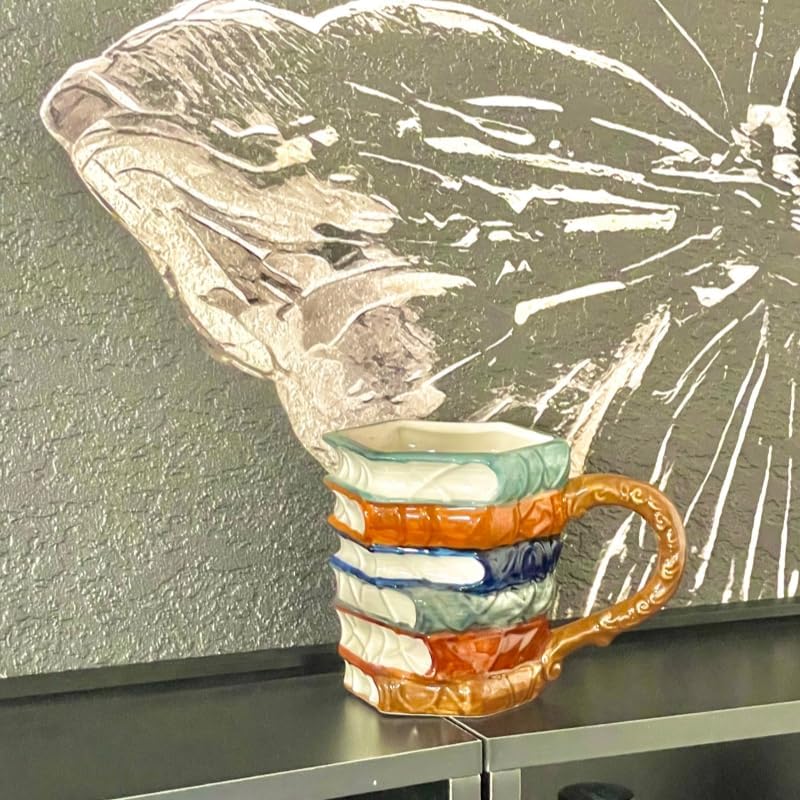 3D Painted Book Stack Coffee Mug, Hand Painted Ceramic Cup with Ornate Handle, Novelty Book Lover Gift, Multicolor Design (classic)