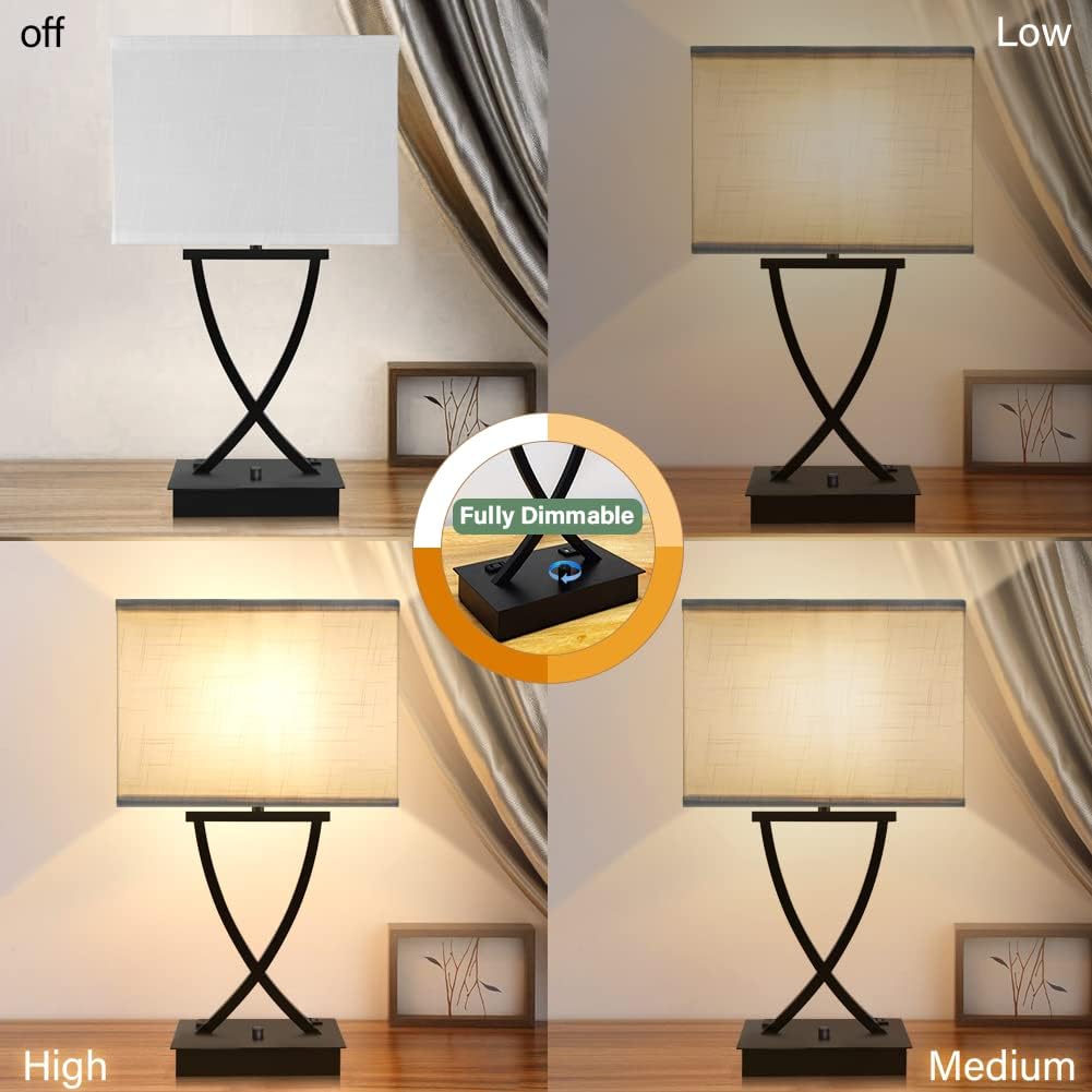 Fully Dimmable Medium Table Lamp for Bedroom with Type C/USB Charging Port and 1 AC Outlet White Shade 21.38" Bedside Nightstand Lamp for Living Room Office and Hotel Bulb Included
