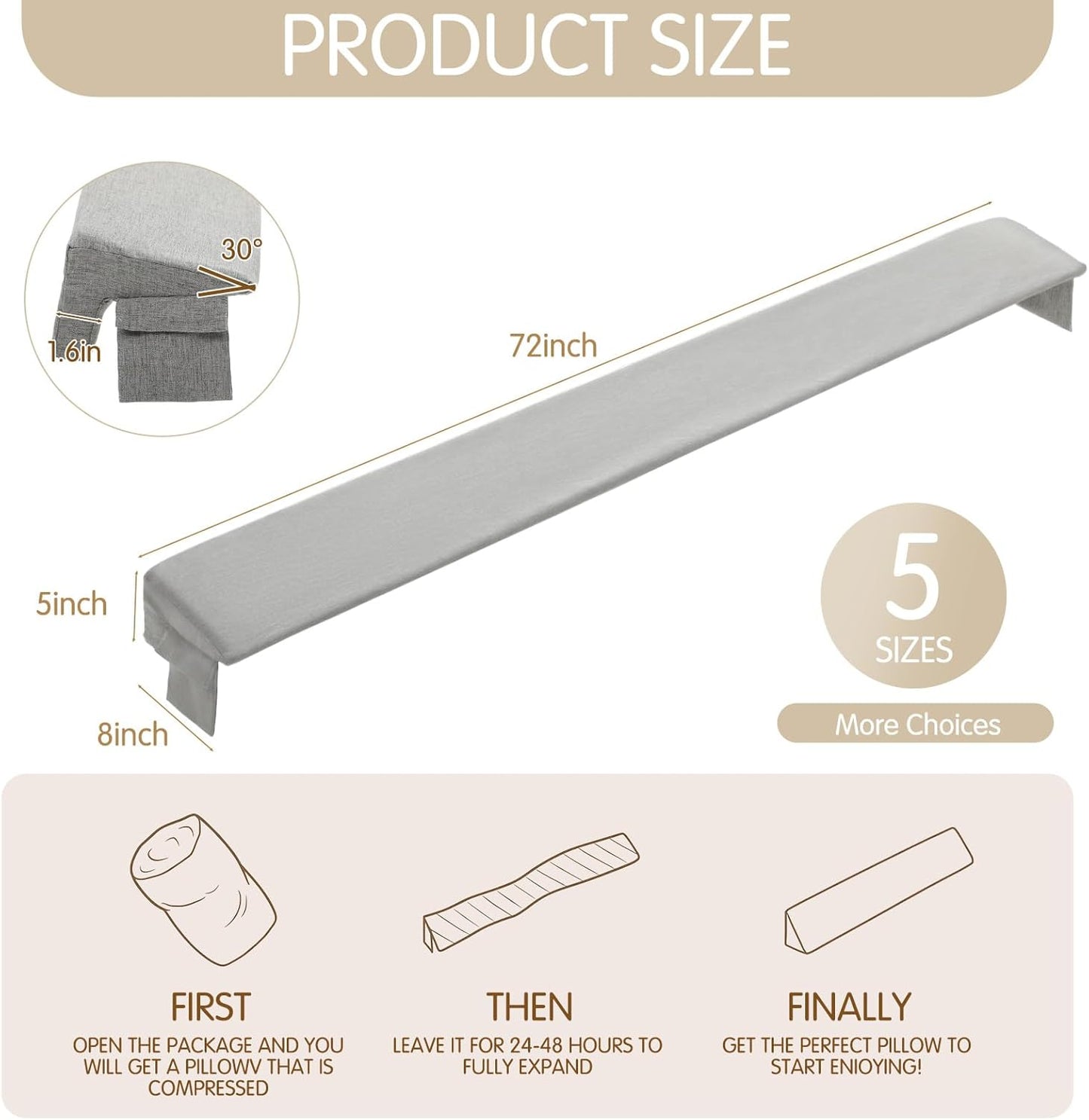 Novabright 72"x 8"x 5" Bed Wedge Pillow Gap Filler for Headboard Gap Filler Bed Wedge Pillow with Side Pocket Gaps Mattress Wedges Gaps Fillers to Stop Items Falling Down, Removable and Washable