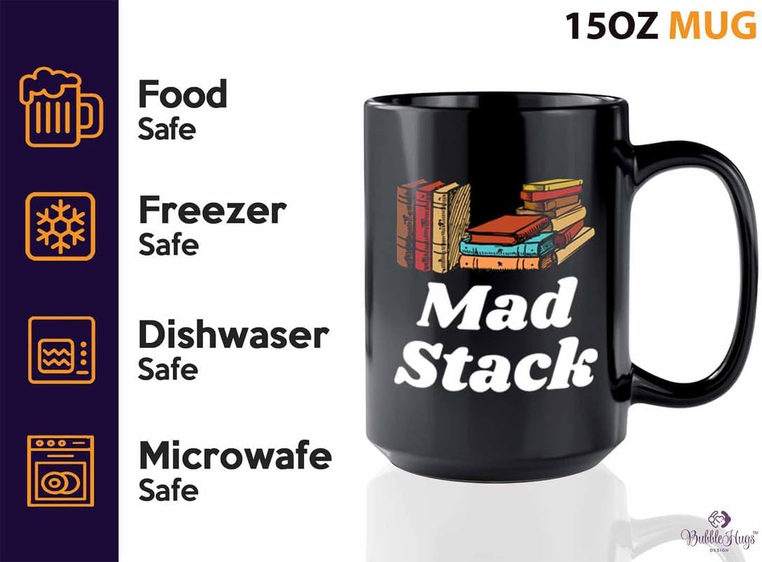 Reading Coffee Mug 15oz Black - Mad Stack - Reader Gift Bookworm Owl Lover Cat Lover Book Lover Novelist Librarian Writer