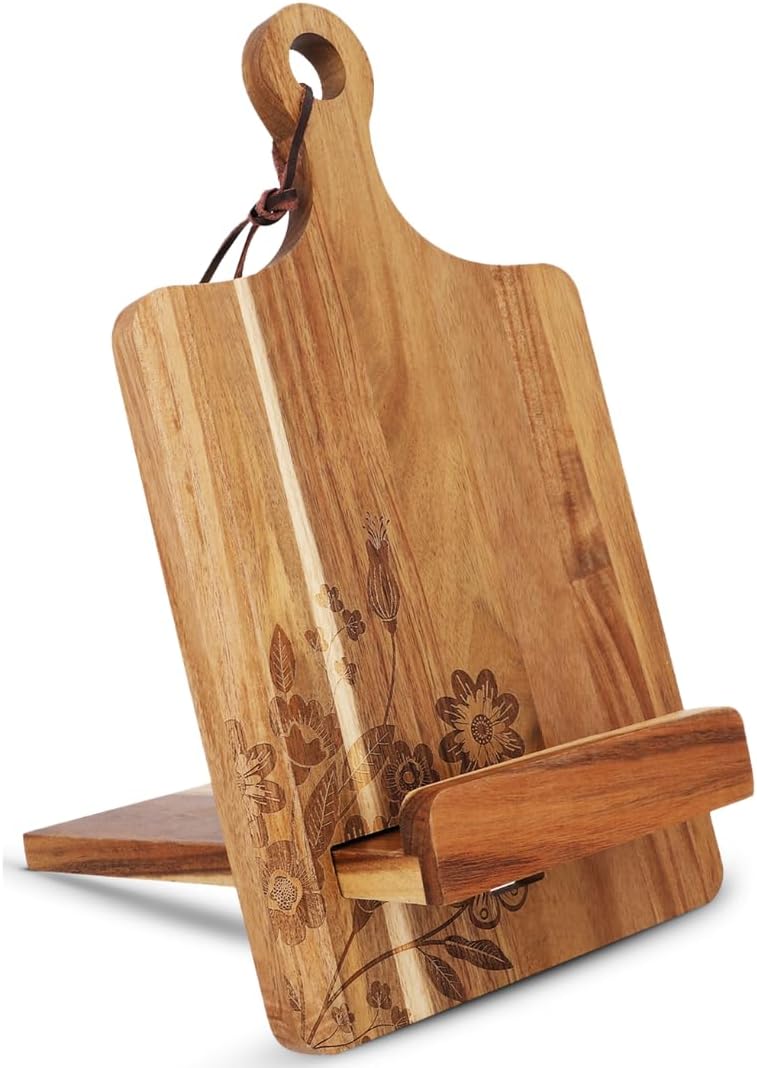 Wood Cookbook Stand for Kitchen Counter - Reversible Acacia Wooden Recipe Book Holder Stand - Cooking Measurement Conversion Card - Gift-Ready Adjustable Tablet Cook Book Holder - Charging Cable Slot