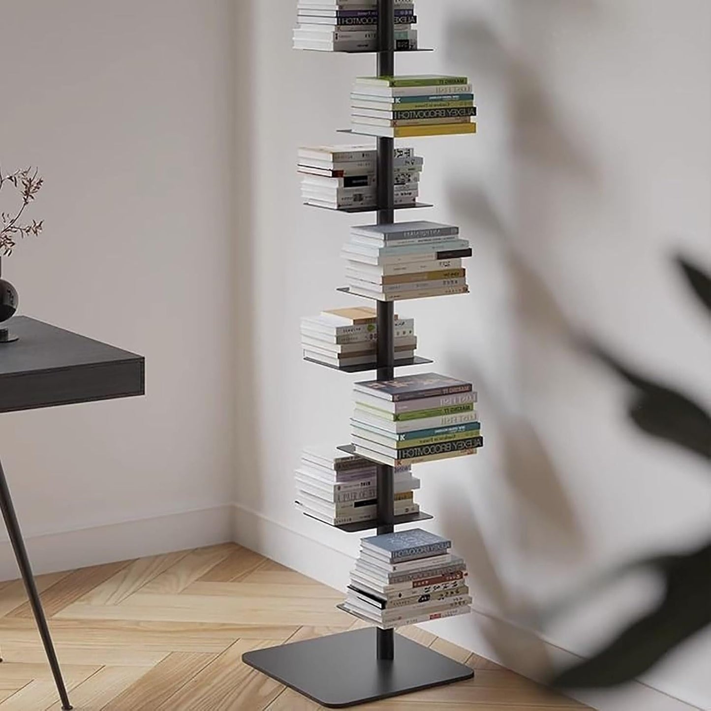 9-Tier Vertical Spine Bookcase, Tall Narrow Ladder Shelf, Metal Corner Book Tower for Tight Spaces, Multi-Purpose Storage Display for Home Office - Modern White Design