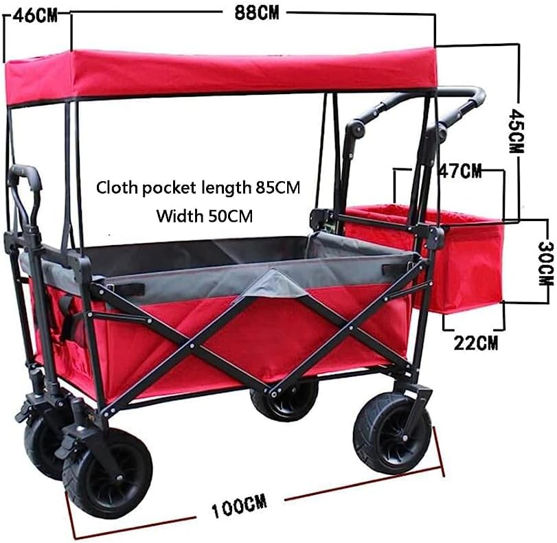 Handcart, Garden Trolley,4 Wheels Foldable Wagon,Bea100Kg Hand Cart,Carriage of Children,Outdoor Transport,Beach,Loose Ground,Removable Canopy