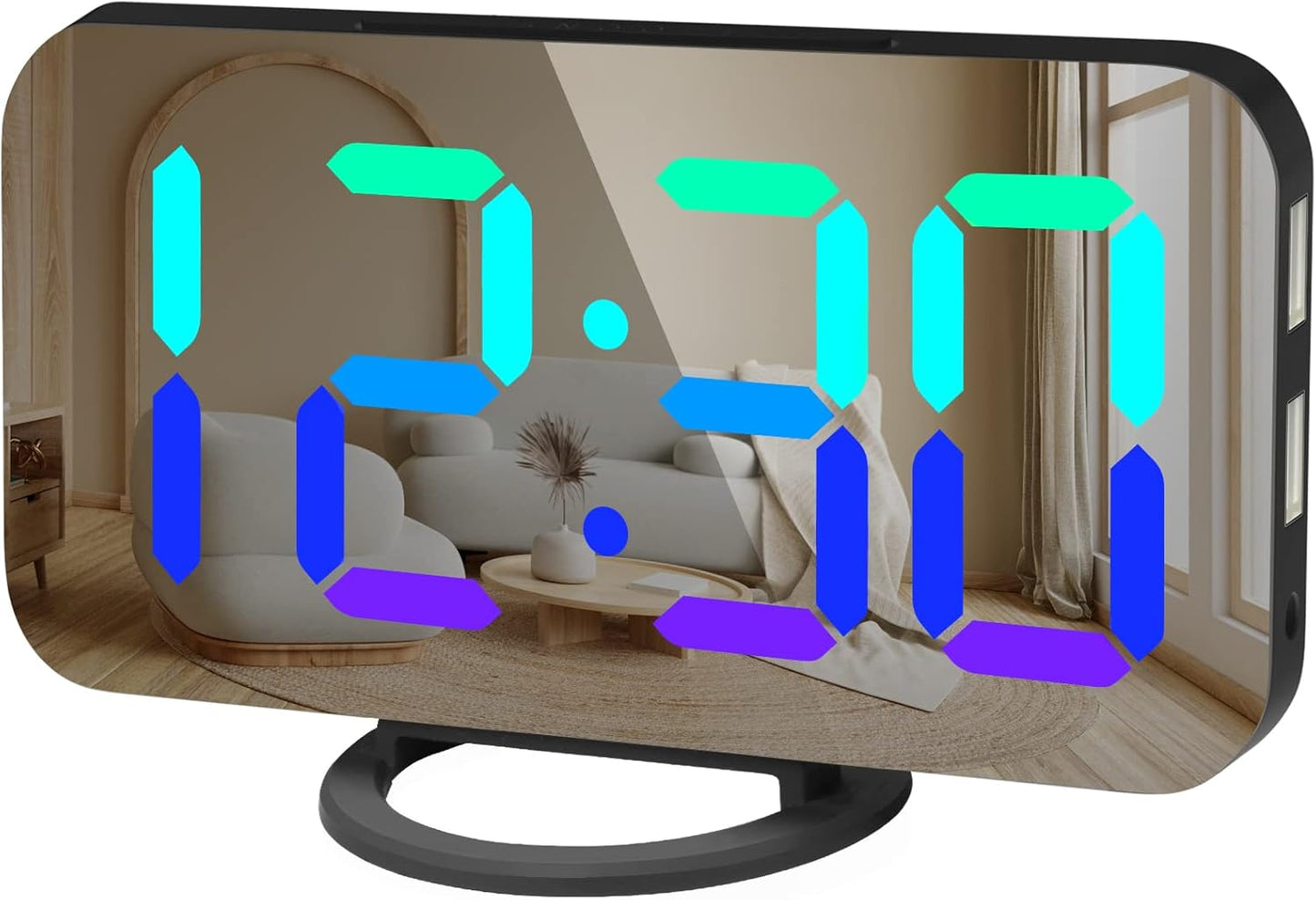WulaWindy RGB Digital Clock - LED Alarm Clocks Large Display Mirror Surface with Dual USB Ports for Modern Decorations Aesthetic Home Bedroom Living Room Office and Wall Decor - Black