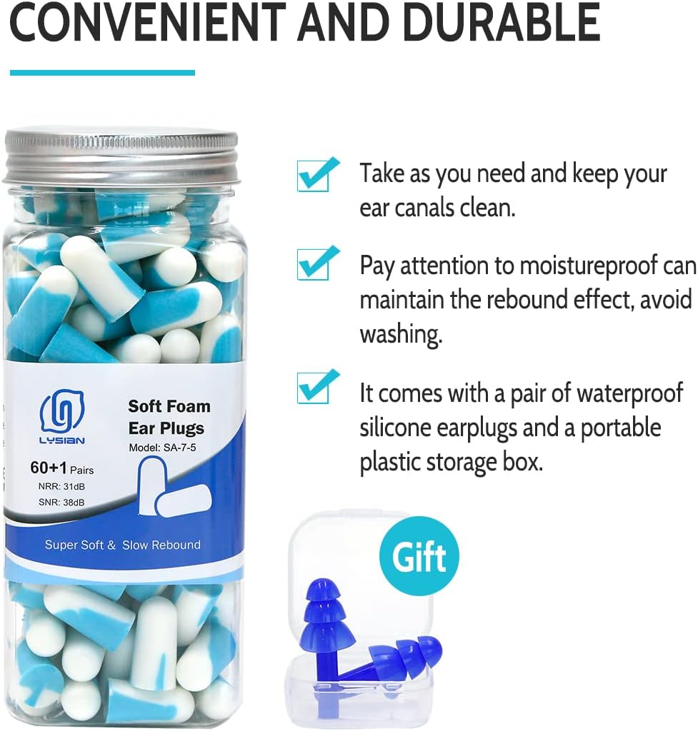 LYSIAN Ultra Soft Noise Cancelling Earplugs for Sleep, Disposable Foam Ear Plugs for Sleeping, Snoring, Shooting, Deep Focus & All Loud Sound - 60 Pairs|SNR 38dB Noise Reduction|Hearing Protection