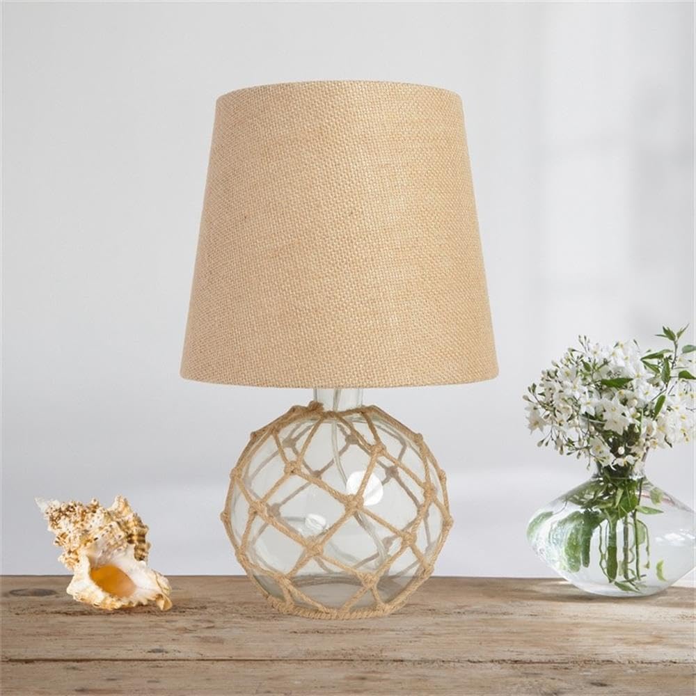 Elegant Designs LT1050-CLR Buoy Rope Nautical Netted Coastal Ocean Sea Glass Table Lamp with Burlap Fabric Shade, Clear