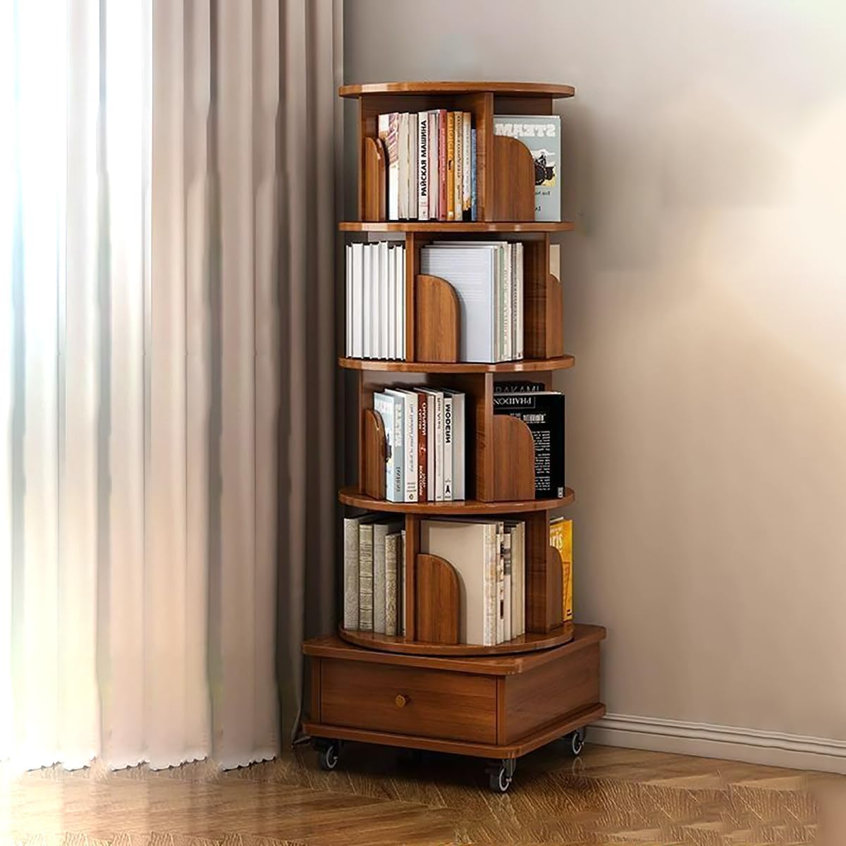 5-Tier Rotating Bookshelf Tower - Space-Saving Wood & Metal Bookcase on Wheels for Corner Living Room, Bedroom, or Study - Modern Floor Standing Design