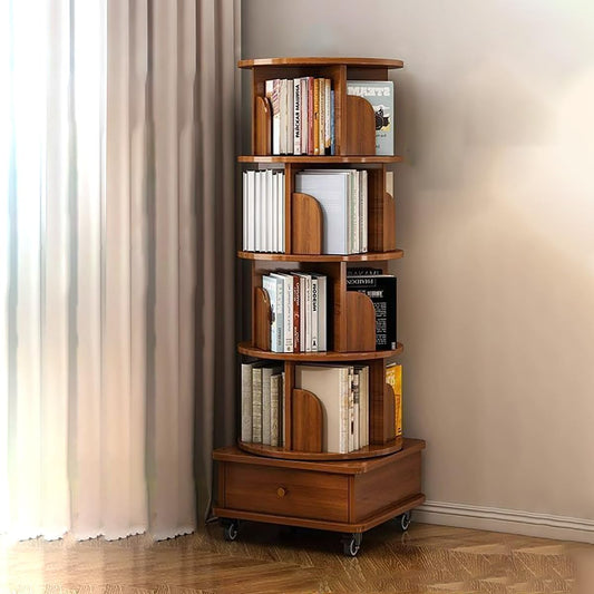 5-Tier Rotating Bookshelf Tower - Space-Saving Wood & Metal Bookcase on Wheels for Corner Living Room, Bedroom, or Study - Modern Floor Standing Design