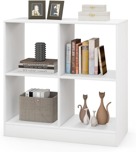 Nightcore 4-Cube Storage Bookcase, 2-Tier Freestanding Wooden Organizer with Anti-Tipping Device, Modern Display Storage Cabinet, Floor Open Bookshelf for Living Room, Bedroom, Study (White)
