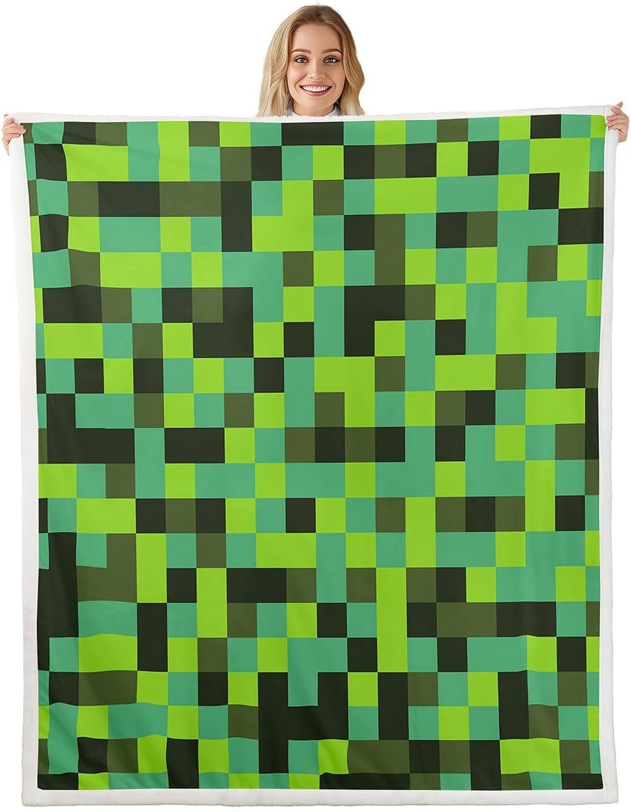 Feelyou Pixelated Neon Green Black Sherpa Throw Blanket for Couch Pixel Art Super Soft Cozy Fleece Geometric Grid Blanket for Winter, Plush Throw Gamepad Grid Baby 30"x40" All Season