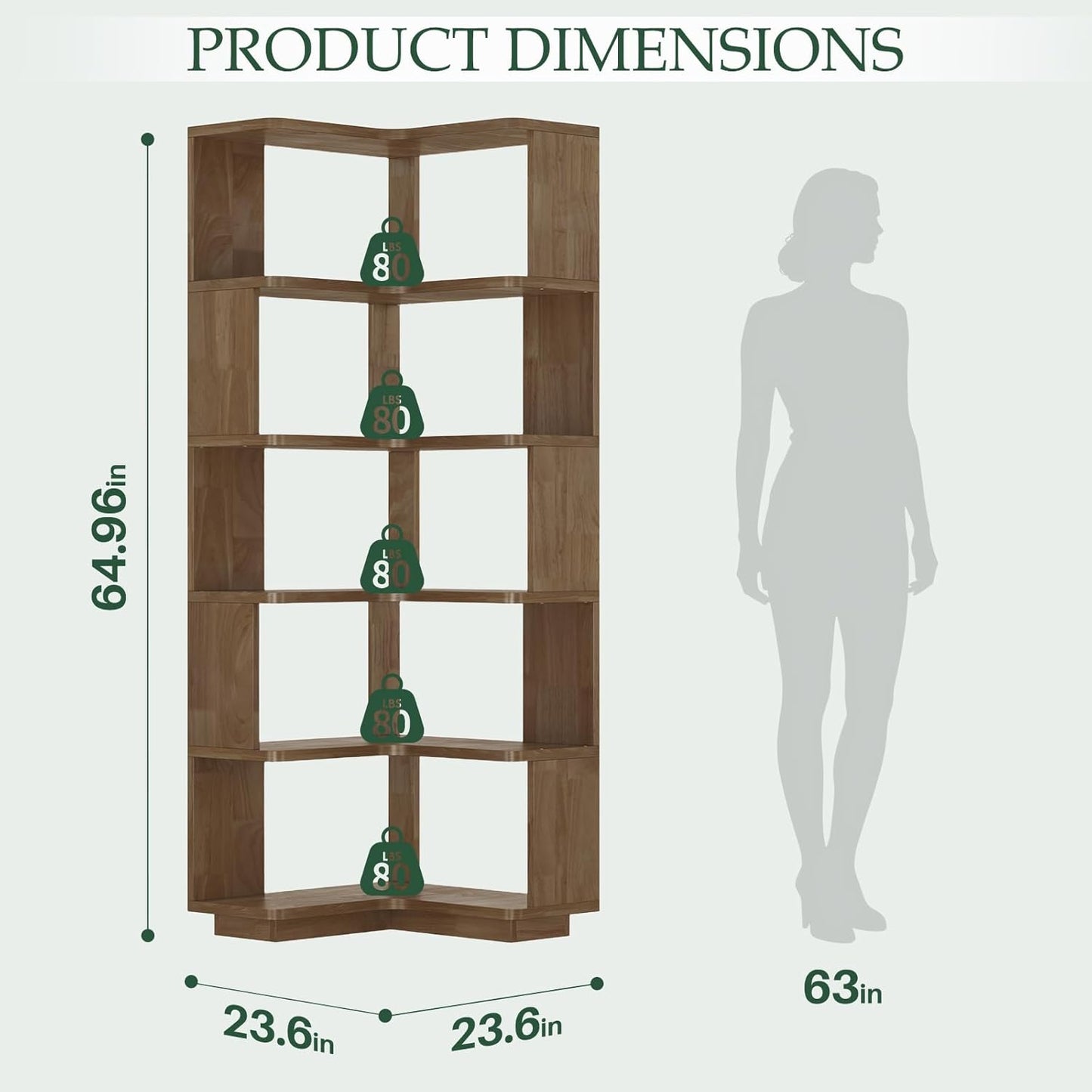 Wooden 5 Tier L-Shaped Corner Bookshelf - 65" Tall Solid Wood Corner Book Shelves for Space Saving, Bookcase Open Display Shelf with Baffle for Home Office, Living Room, Bedroom, Kitchen, Walnut