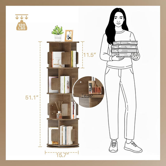 Wooden Rotating Round Bookshelf Tower - 4 Tier 51“ H Tall Solid Wood Walnut Bookshelf for Small Space, 360° Spinning Revolving Modern Bookcase Tower for Living Room, Bedroom, Home Office