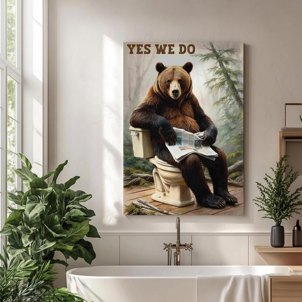 GUBIYU Funny Bathroom Bear Wall Art a Fun Bear Reading in Toliet in the Woods and it Seems Yes We Do Quirky Posters Canvas Painting Picture Humor Animal Wall Decor for Restroom Toliet Bathroom 12"x16"