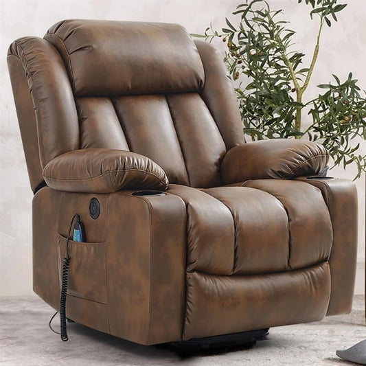 Power Lift Recliner Chair for Elderly, Breathable Leather Electric Stand Up Recliner with Vibration Massage & Lumbar Heat, USB Ports & 2 Cup Holders, Brown