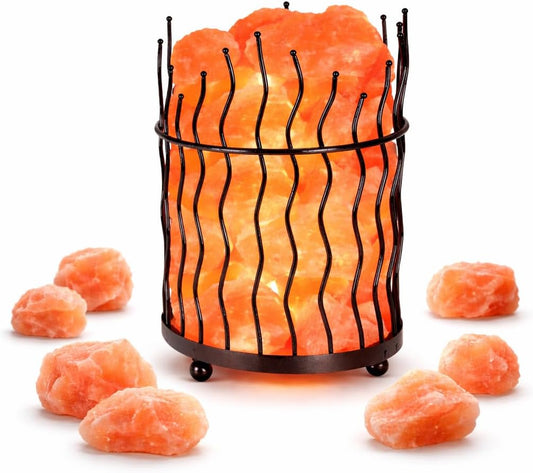 WBM Tall Round Metal Basket Salt Chunks lamp with Touch Dimmer Switch | 6-8 lbs, Salt Lamp, Ideal for Gift, Decor & Desk