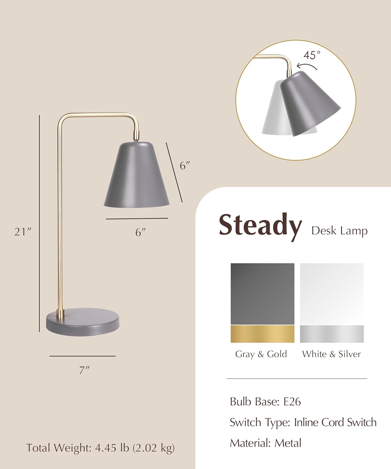 HarvestLand Steady Silver Reading Lamps for Bedside Table – Adjustable Industrial Table Lamp with Solid Base, Lamp for nightstand, Desk Lamp Home Office, Mid Century Modern Reading Lamp Style