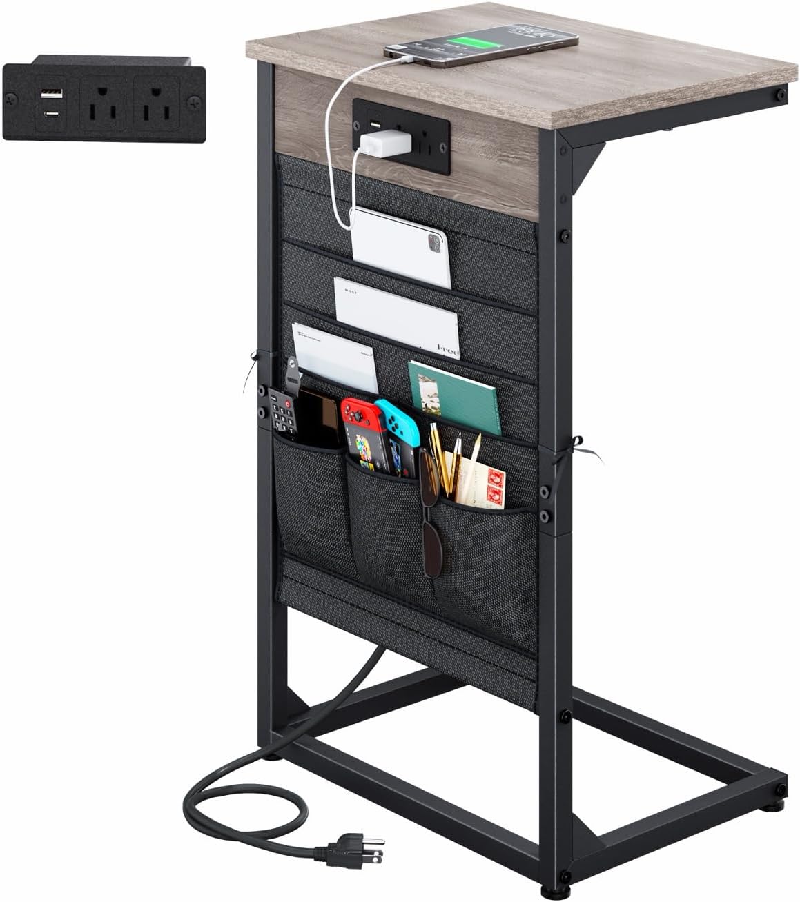 C-Shaped End Table with Fast-Charging Station, Small Couch Side Table with Storage Bag, Sofa TV Tray Table for Living Room, Bedroom, Bedside ET-GY-W1