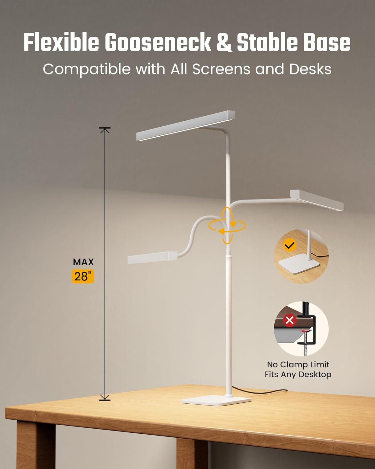 SUPERDANNY LED Desk Lamp for Home Office, Eye-Caring Desk Light with Base, 12W Touch Control 3 Colors Dimmable Brightness, Gooseneck Architect Lamp for Computer Monitor Reading Workbench, White