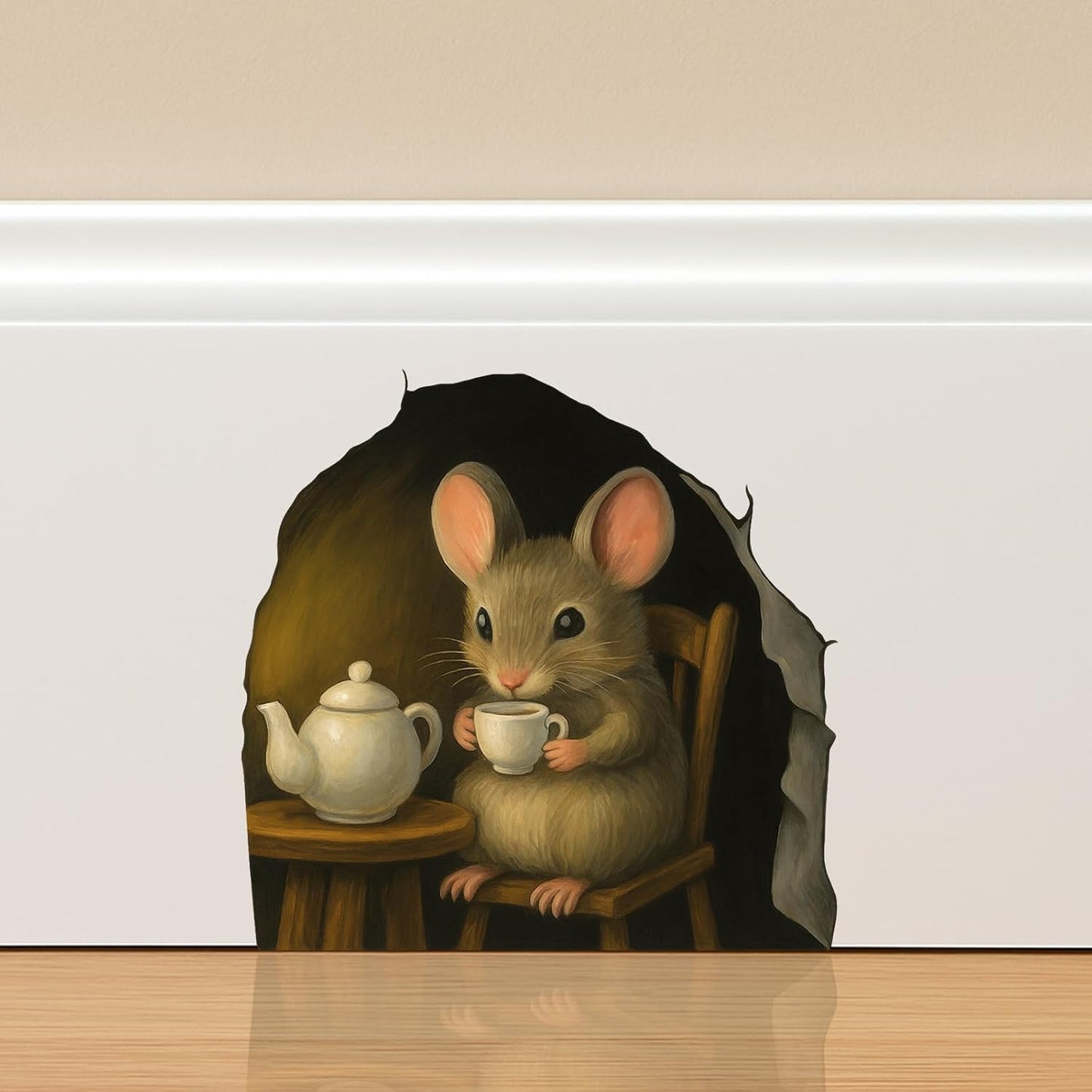 Mouse Wall Decor Sticker Decal, Kids Room, Classroom, Home, Bedroom, Bookcase, Book Lover, Children Best Gift (Mouse Enjoying Tea)