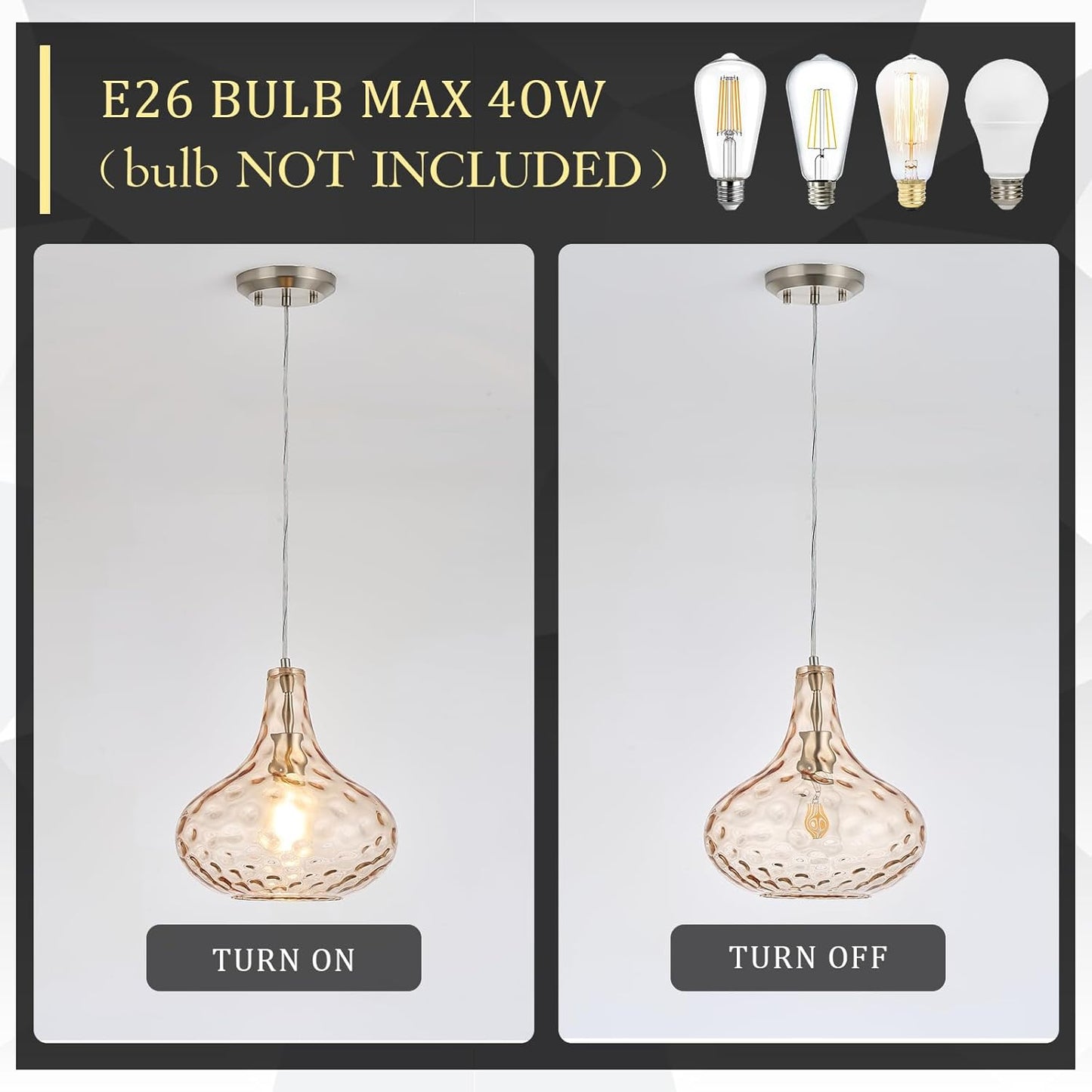 11" Amber Hammered Glass Pendant Light, Blown Glass Hanging Light Fixture with Brushed Nickel Finish, Vintage Modern Ceiling Light for Kitchen Island, Dining Room, Hallway, Living Room