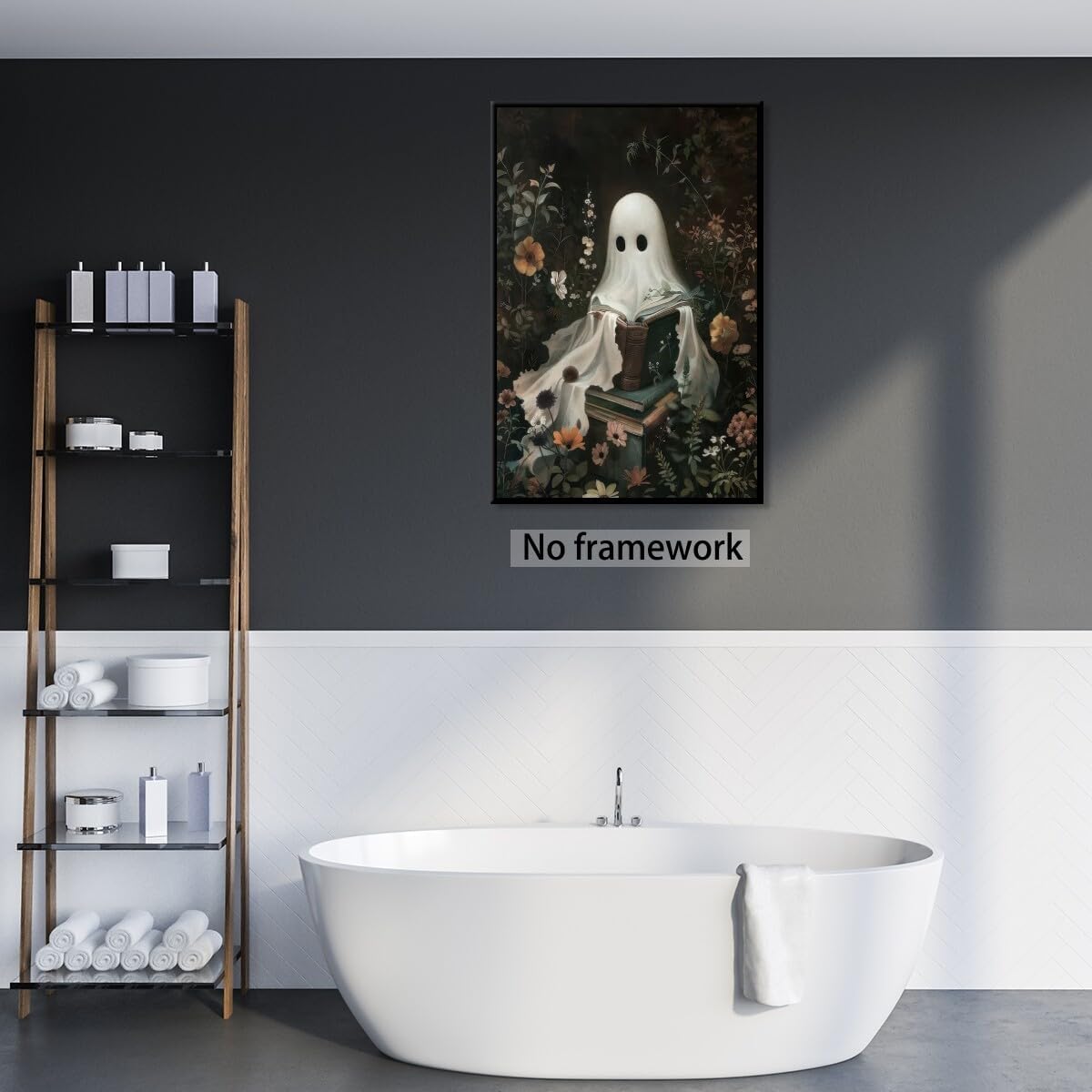Medpol Vintage ghost wall art horror halloween canvas printed matter cute ghost reading books wall decor dark academia goth cottagecore posters for living room Unframed12x16inch