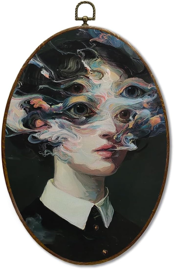 LMMHIOPI Dark Feminine Surreal Portrait Wall Art, Gothic Dark Academia Oval Canvas Wall Decor, Victorian Woman Trippy Painting, Moody Vintage Aesthetic Artwork for Bedroom Living Room, 8.5x11.5 Inch